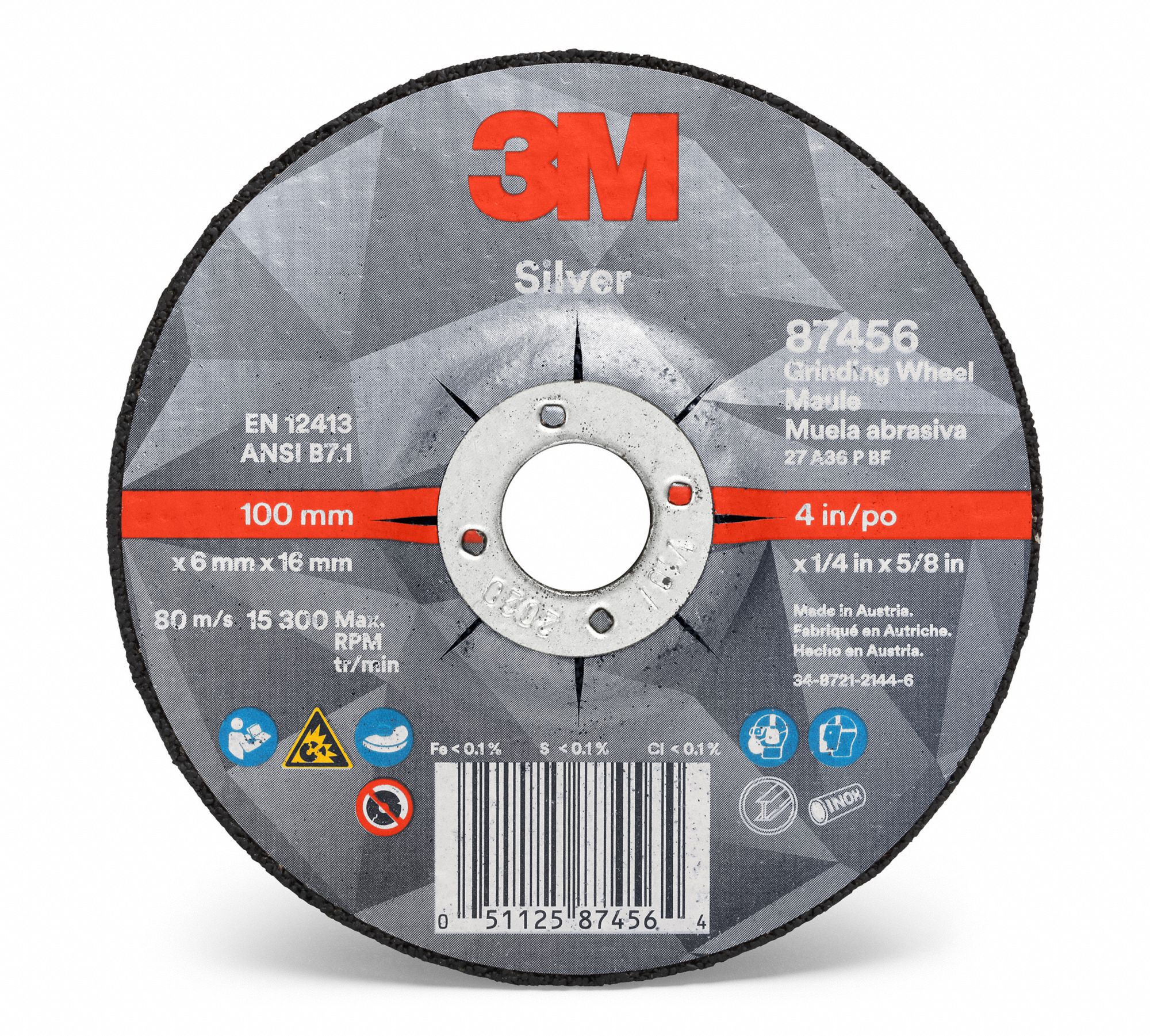 Depressed Center Grinding Wheel: Type 27, 6" x 1/4" x 7/8", Ceramic, 36 Grit, Silver