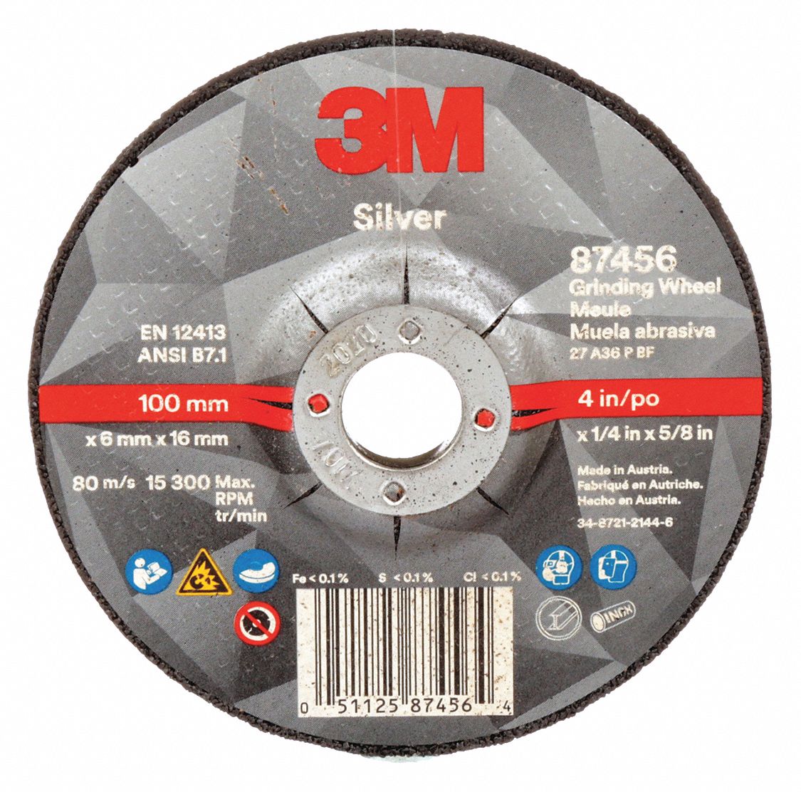 Depressed Center Grinding Wheel: Type 27, 4" x 1/4" x 5/8", Ceramic, 36 Grit, Silver