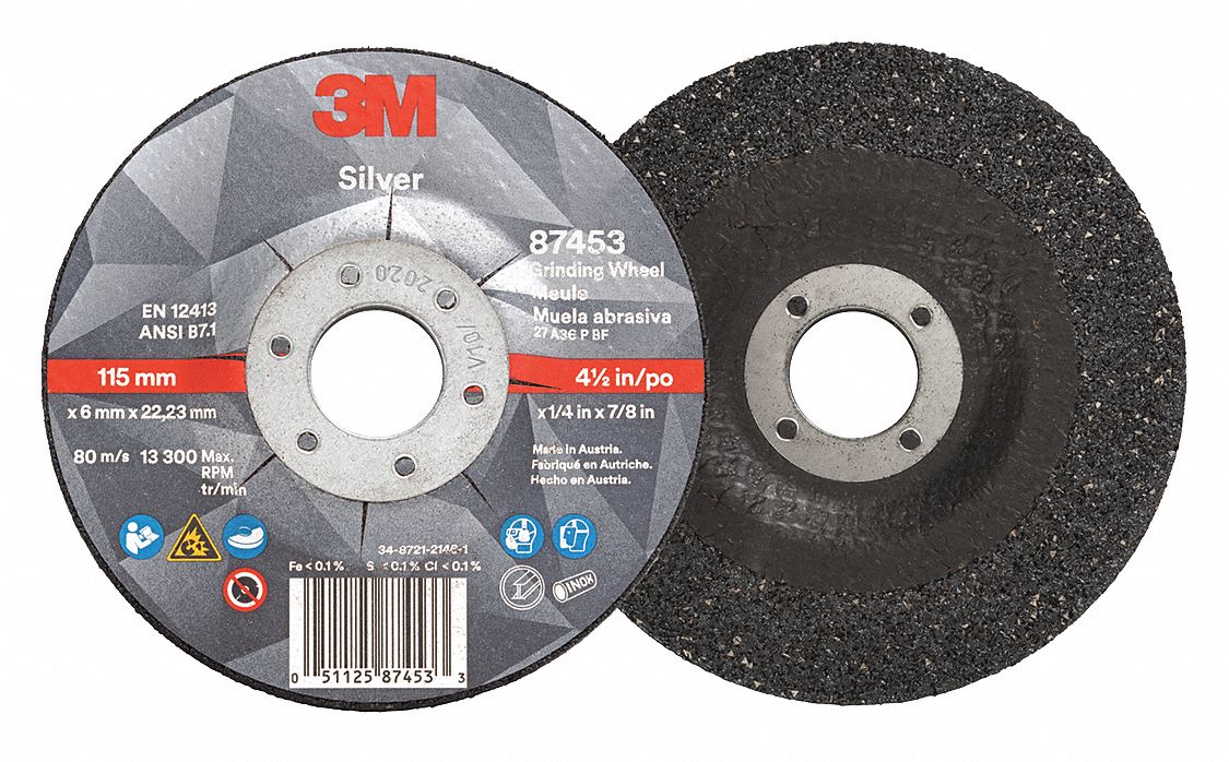 Depressed Center Grinding Wheel: Type 27, 4 1/2" x 1/4" x 7/8", Ceramic, 36 Grit, Silver