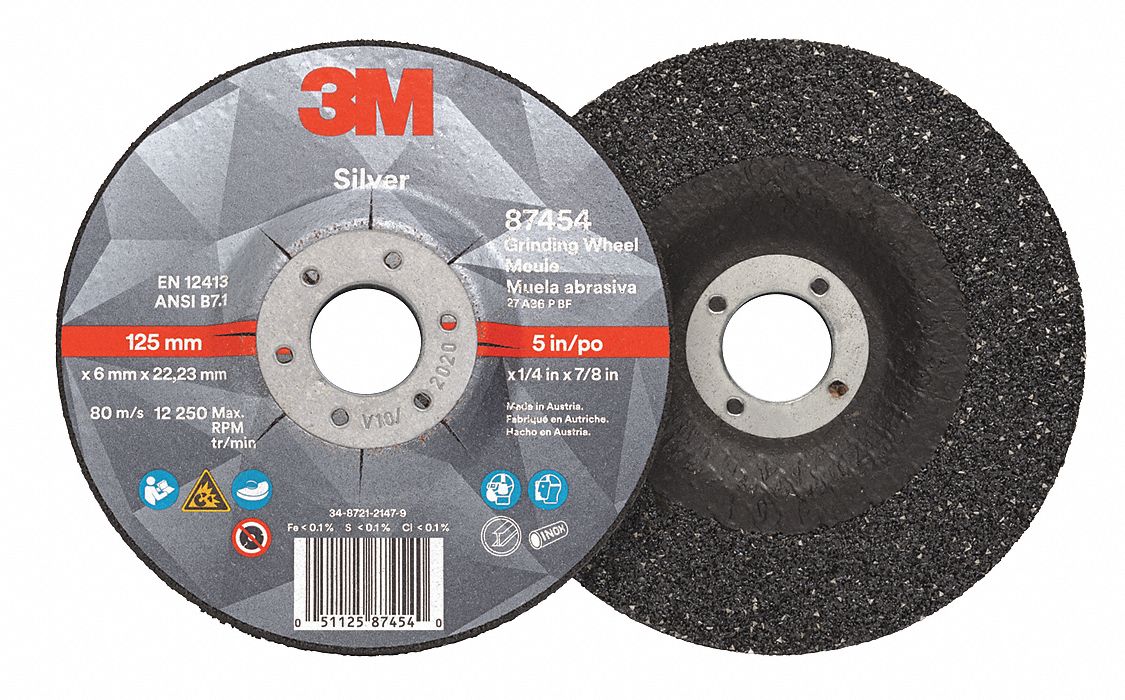 Depressed Center Grinding Wheel: Type 27, 5" x 1/4" x 7/8", Ceramic, 36 Grit, Silver