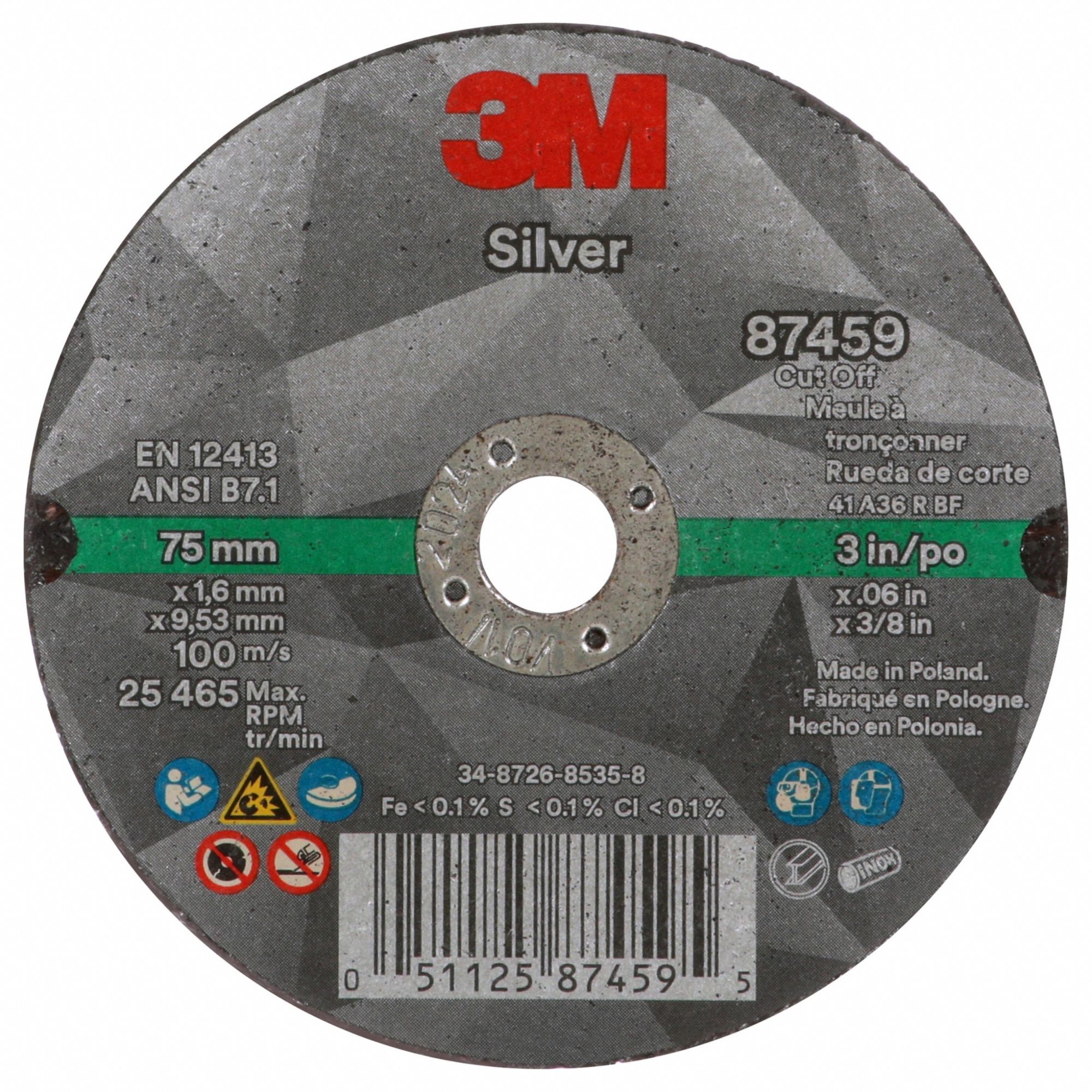 Abrasive Cut-Off Wheel: Type 1, 3" x 0.06" x 3/8", Ceramic, 36 Grit, Silver