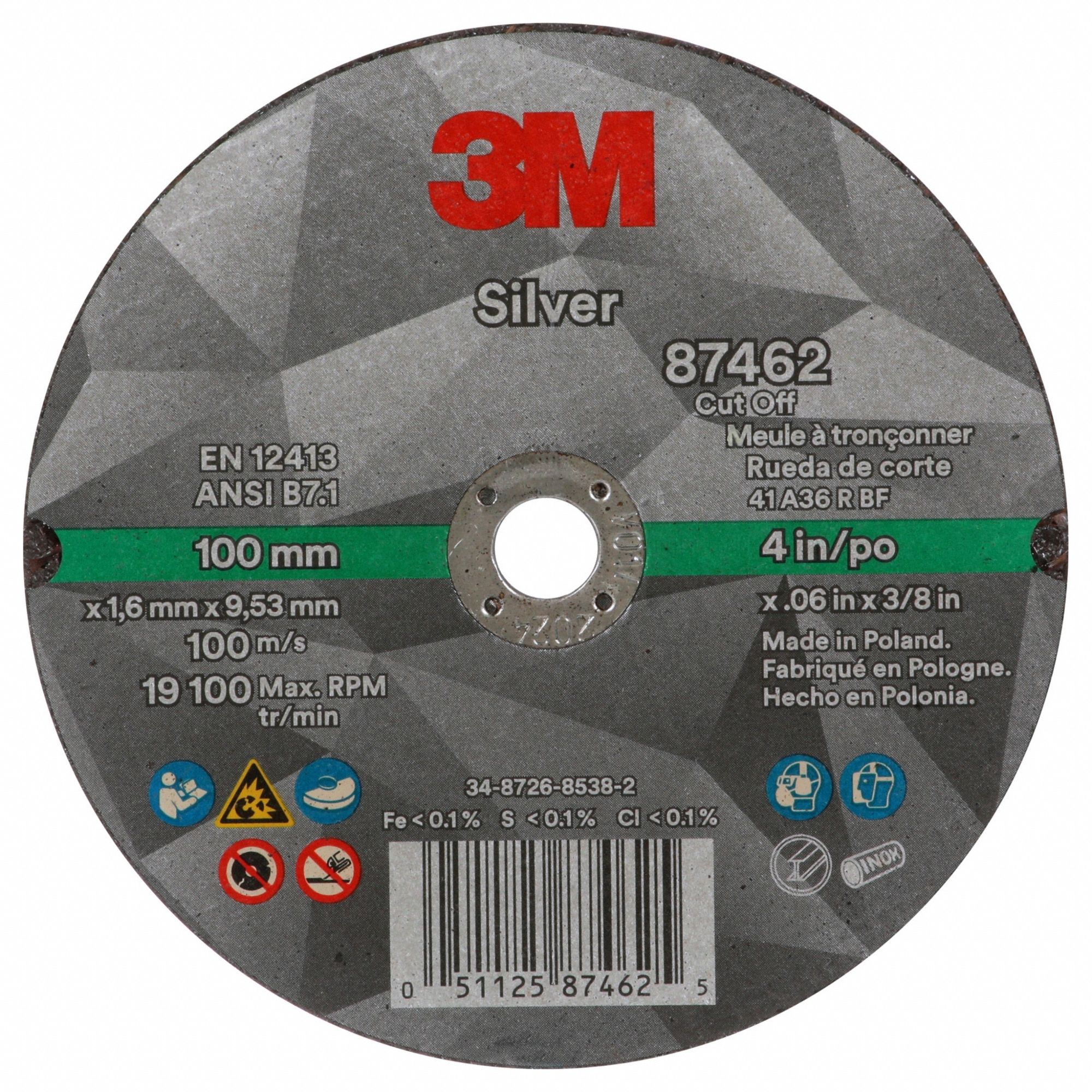 Abrasive Cut-Off Wheel: Type 1, 4" x 0.06" x 3/8", Ceramic, 36 Grit, Silver