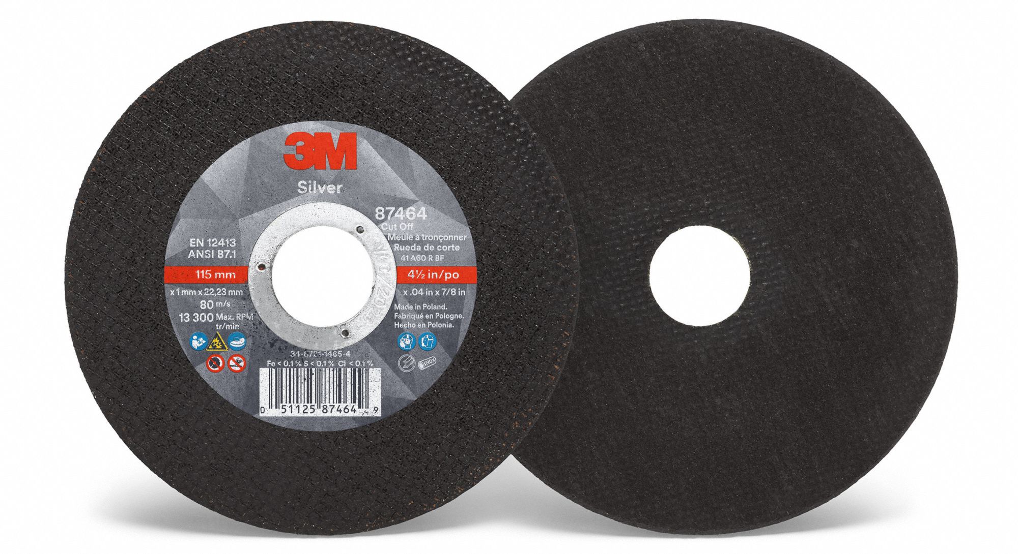 Abrasive Cut-Off Wheel: Type 1, 4 1/2" x 0.04" x 7/8", Ceramic, 60 Grit, Silver