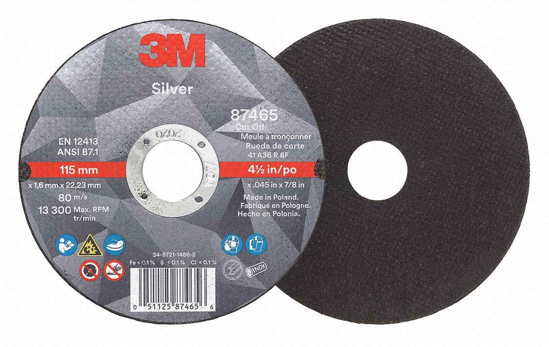 Abrasive Cut-Off Wheel: Type 1, 4 1/2" x 0.045" x 7/8", Ceramic, 36 Grit, Silver