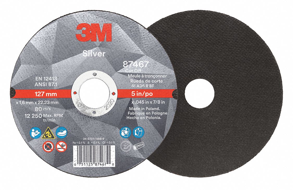 Abrasive Cut-Off Wheel: Type 1, 5" x 0.045" x 7/8", Ceramic, 36 Grit, Silver
