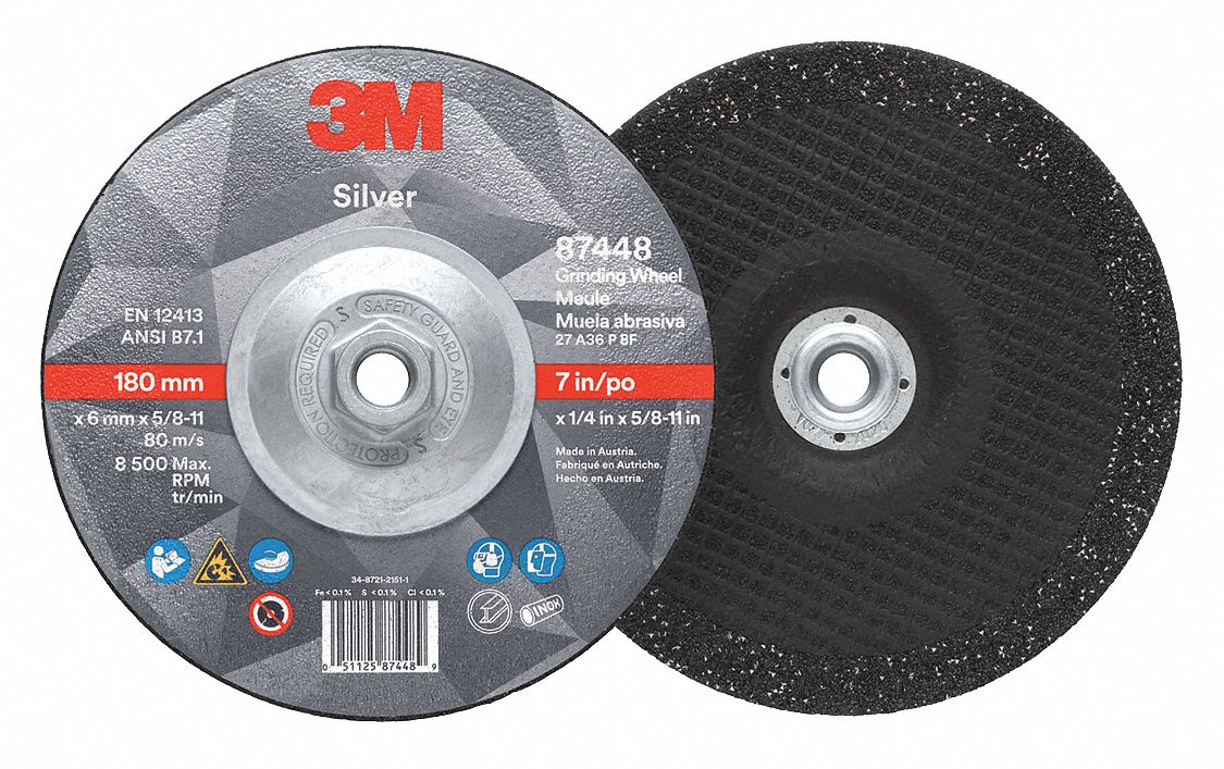 Depressed Center Grinding Wheel: Type 27, 7" x 1/4" x 5/8"-11, Ceramic, 36 Grit, Silver