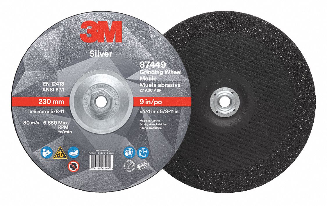 Depressed Center Grinding Wheel: Type 27, 9" x 1/4" x 5/8"-11, Ceramic, 36 Grit, Silver