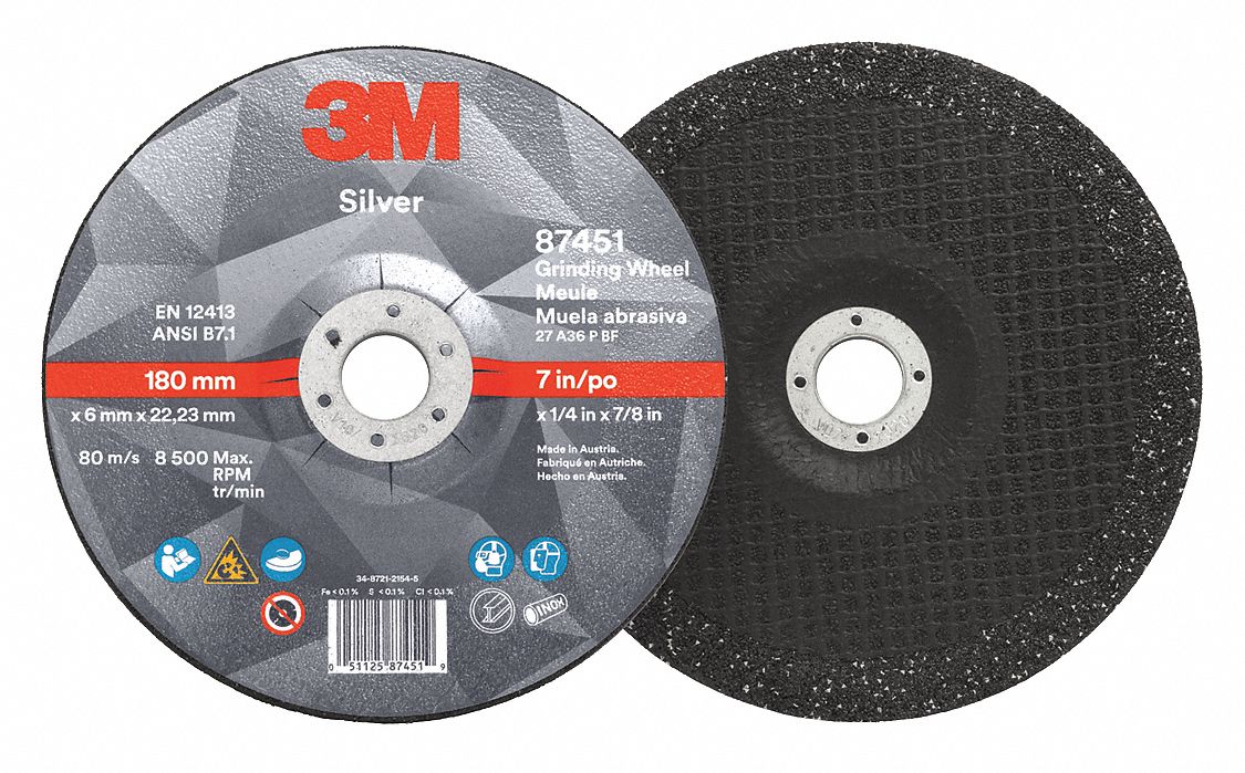 Depressed Center Grinding Wheel: Type 27, 7" x 1/4" x 7/8", Ceramic, 36 Grit, Silver