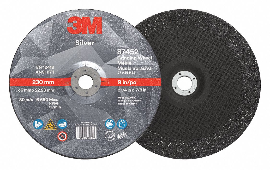 Depressed Center Grinding Wheel: Type 27, 9" x 1/4" x 7/8", Ceramic, 36 Grit, Silver