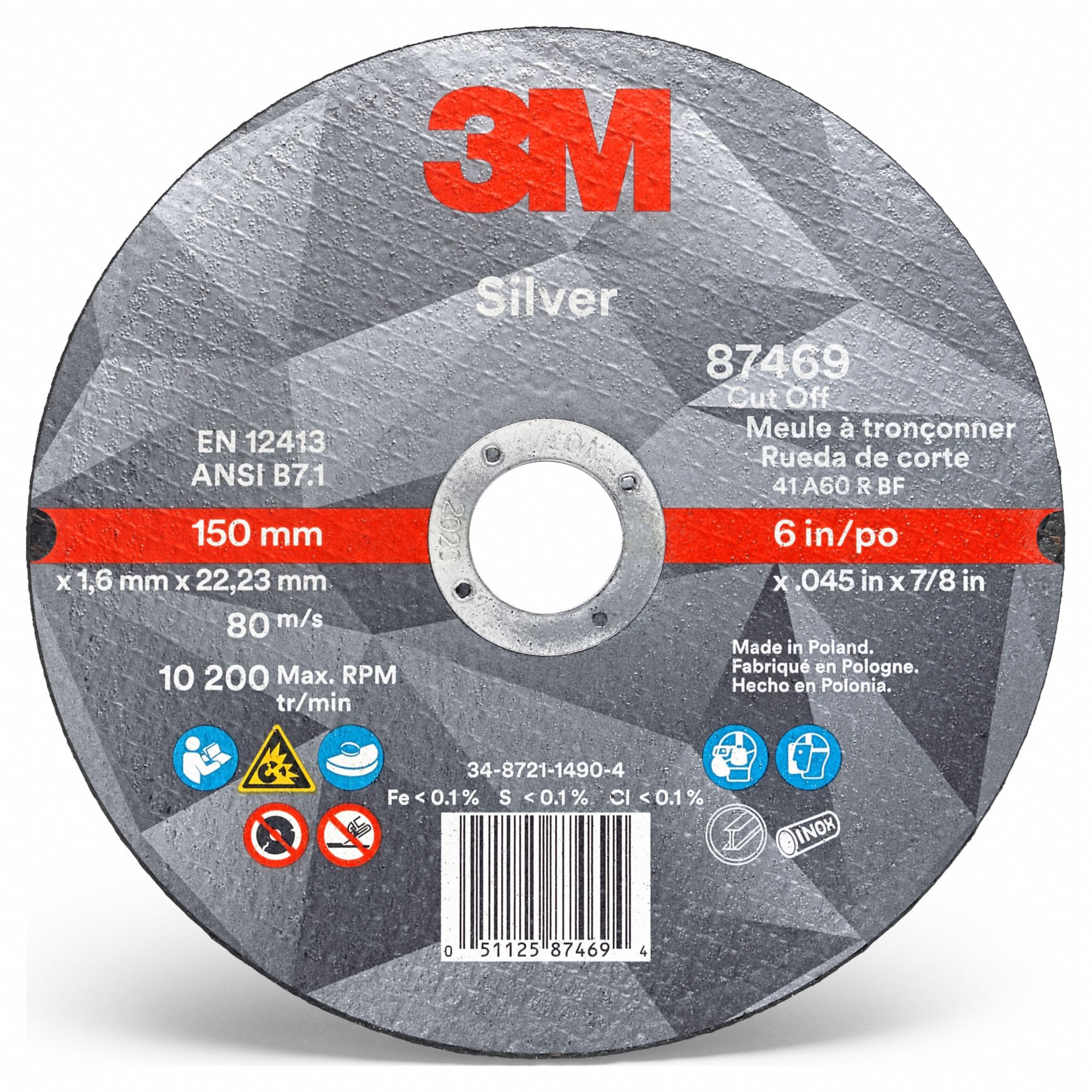 Abrasive Cut-Off Wheel: Type 1, 6" x 0.045" x 7/8", Ceramic, 60 Grit, Silver