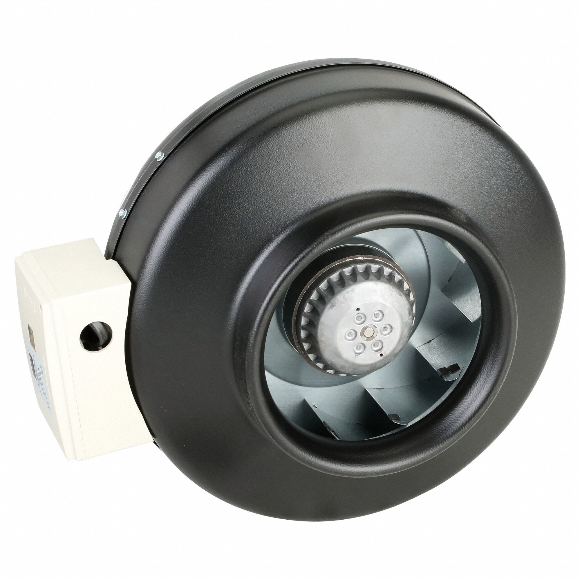 In-Line Duct Fan: 571 cfm Max., 8 in Duct, 111.9 W, 120V AC, 1 Ph, IP54,  Steel, 500 to 749 cfm