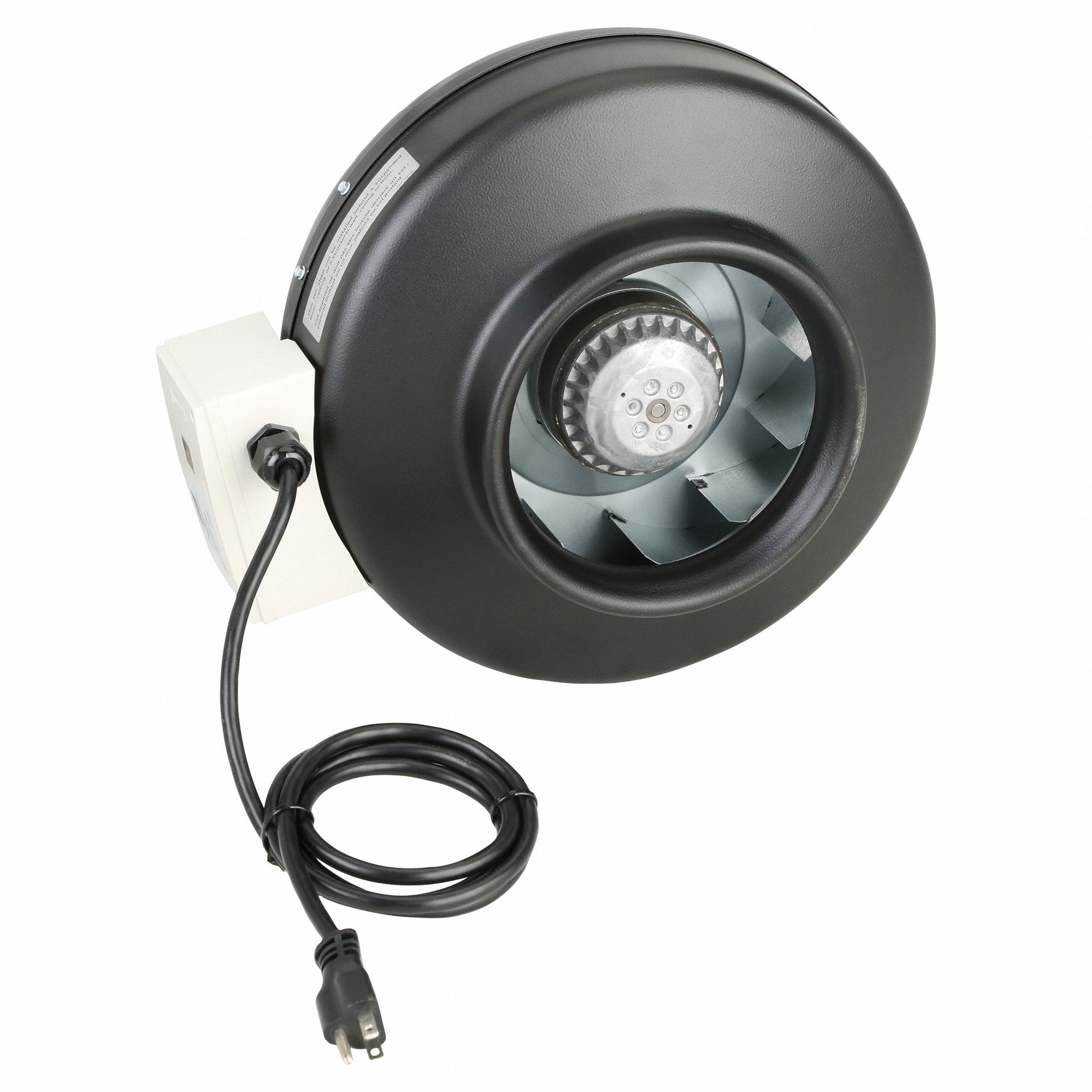 In-Line Duct Fan: 571 cfm Max., 8 in Duct, 186.4 W, 120V AC, 1 Ph, IP54, Steel