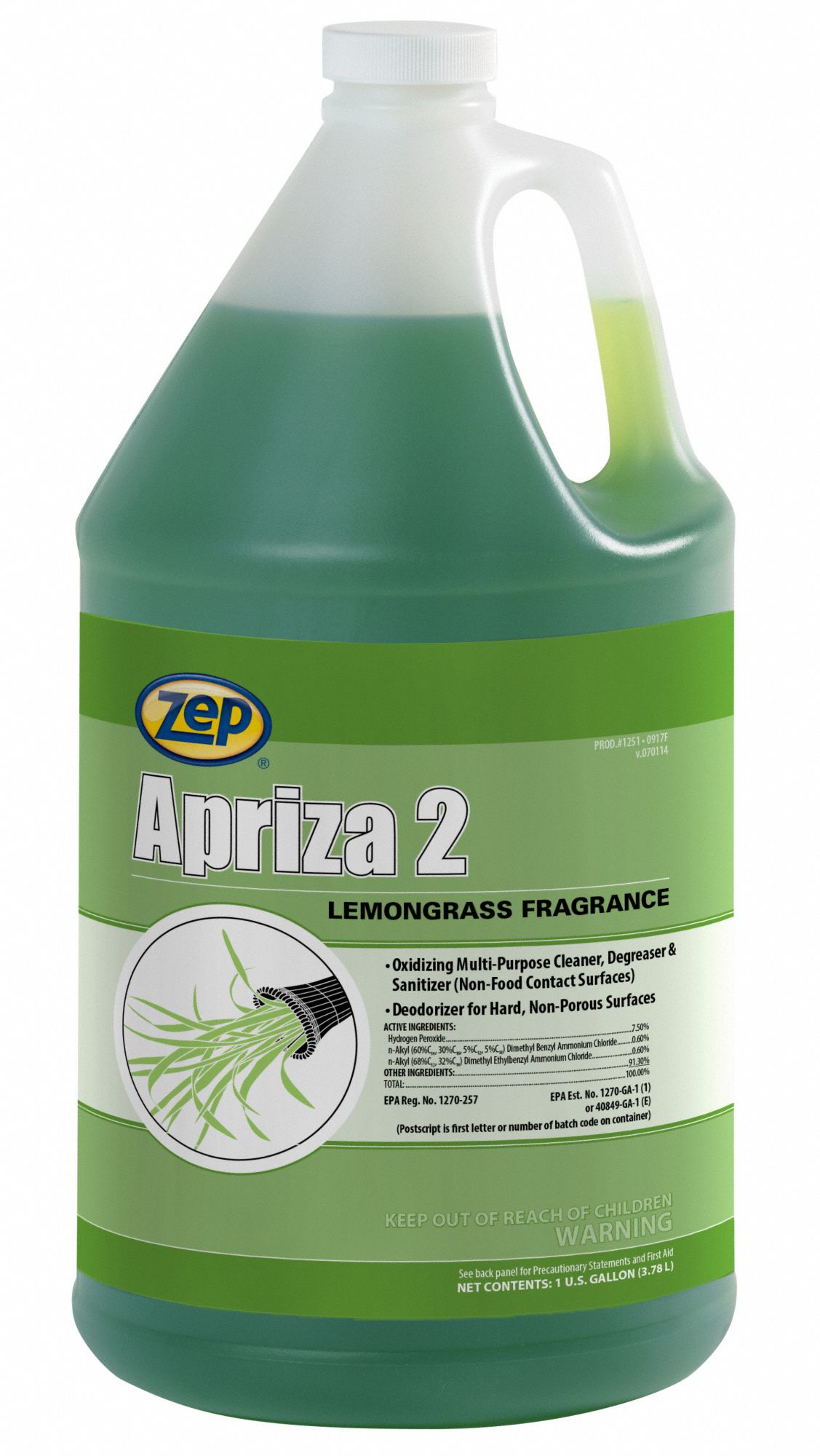Sanitizer: Jug, Concentrated, Liquid, Quat, Lemongrass, Apriza™, 1 gal Container Size, 4 PK