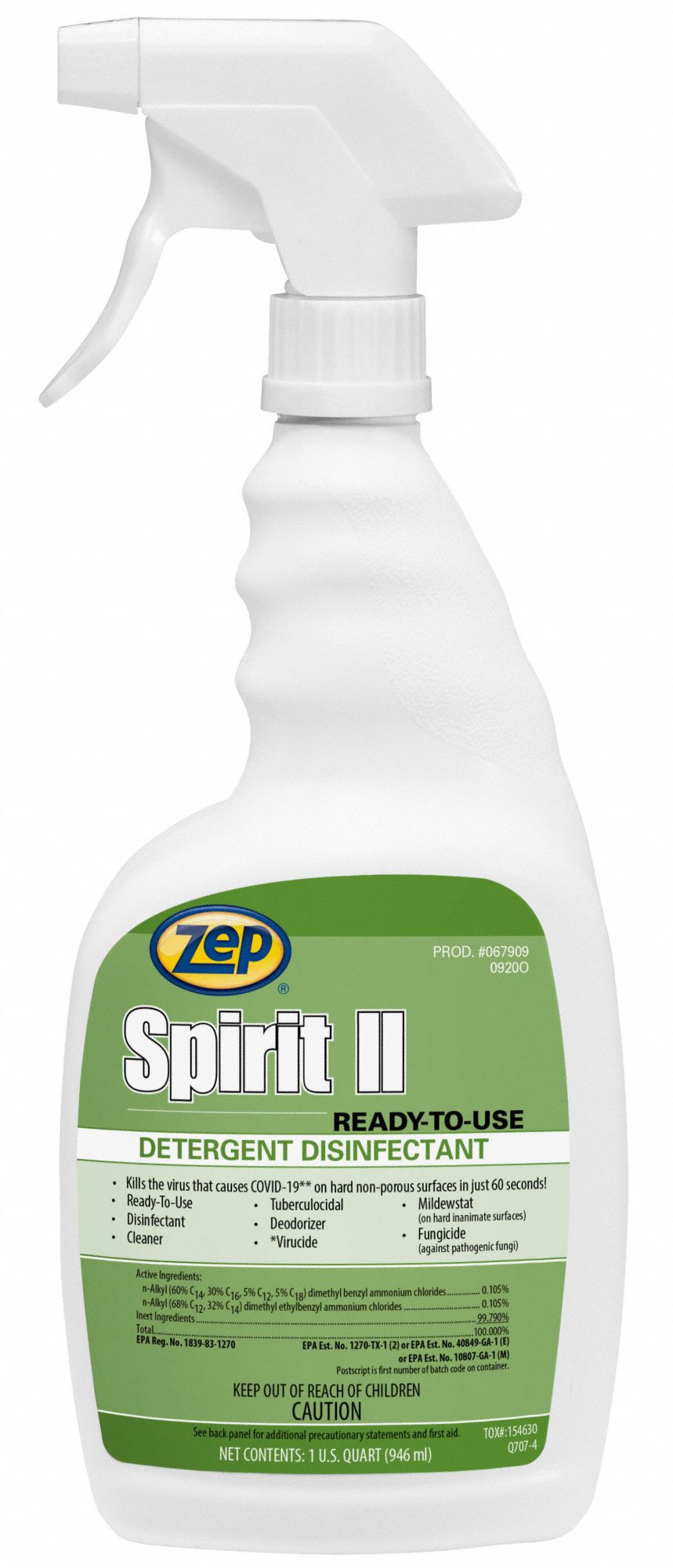 Disinfectant Cleaner: Trigger Spray Bottle, Ready to Use, Liquid, Quat, Citrus, 12 PK