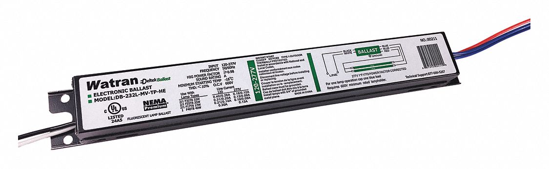 Fluorescent Ballast: T8, 120 to 277V AC, 1_2 Bulbs Supported, 40 W Max. Bulb Watts