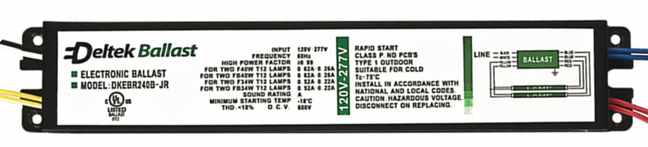 Fluorescent Ballast: T8, 120 to 277V AC, 1_2_3_4 Bulbs Supported, 40 W Max. Bulb Watts