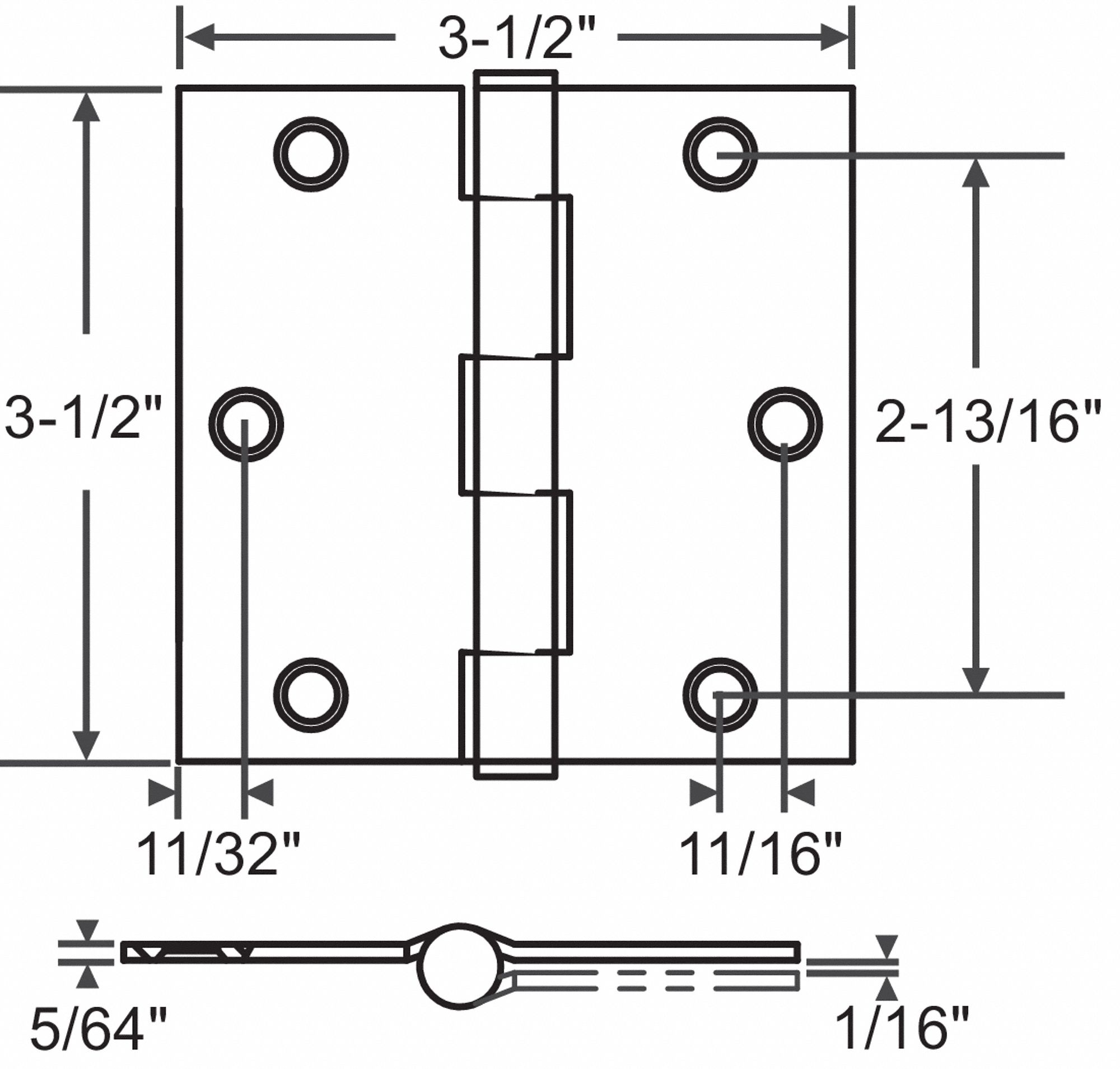 Butt Hinge: Steel, Full Mortise, 3 1/2 in Leaf Wd, 1 PR
