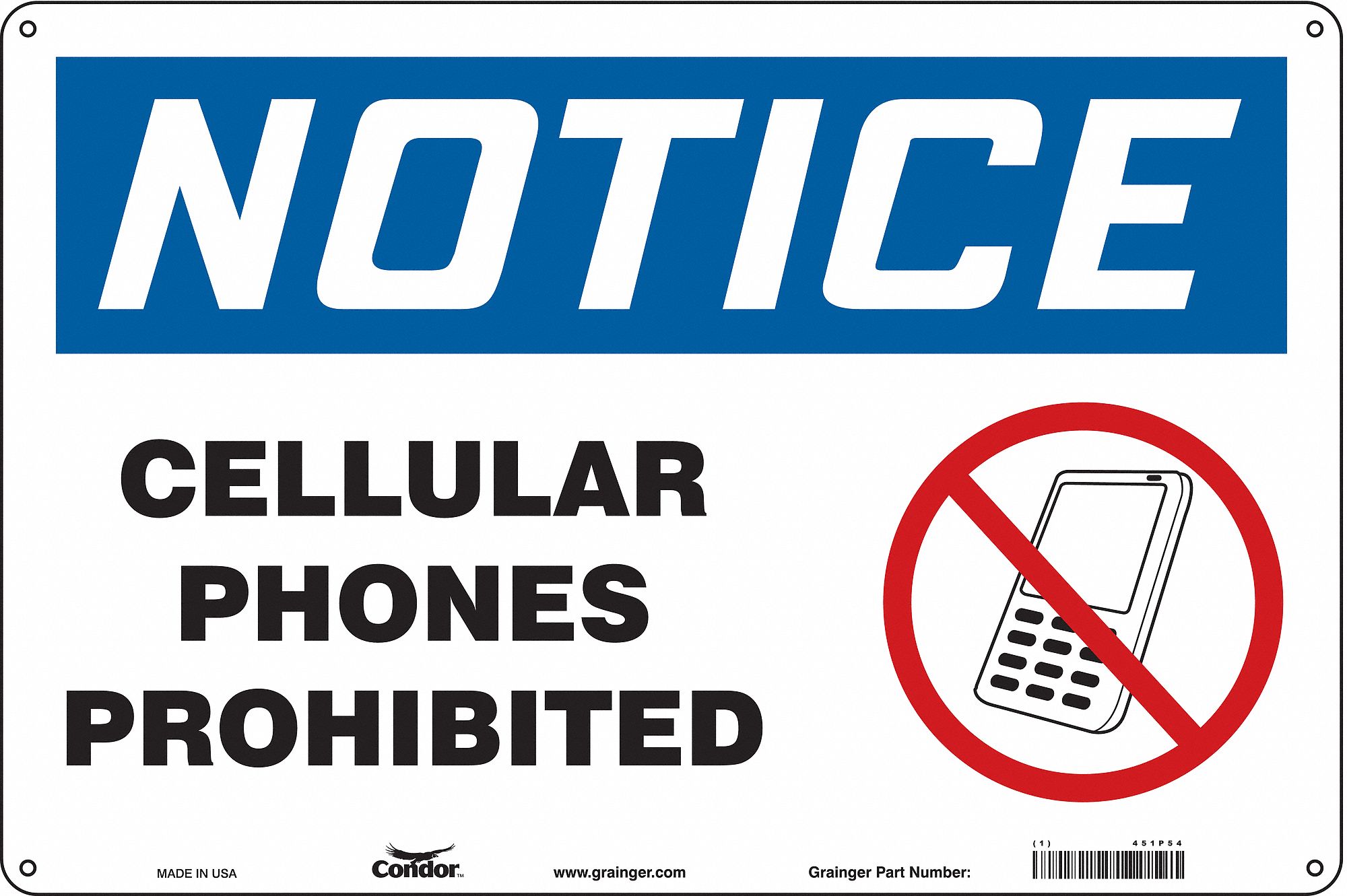 CONDOR Safety Sign Cell Phone, Cellular Phones Prohibited, Sign Header ...