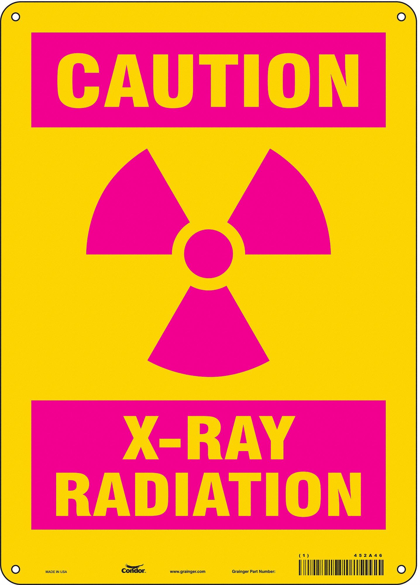 SAFETY SIGN, AL, HOLE MOUNT, 14X10 IN, 0.032 IN THICK, CAUTION THIS EQUIPMENT PRODUCES IONIZING RADIATION WHEN ENERGIZED