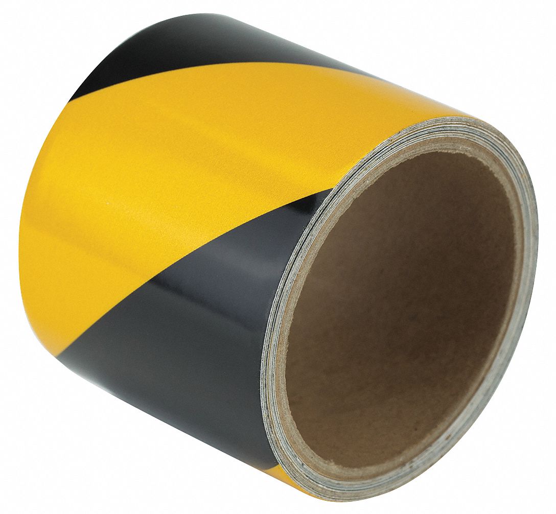 Floor Marking Tape: Reflective, Striped, Black/Yellow, 3 in x 15 ft, 5.5 mil Tape Thick