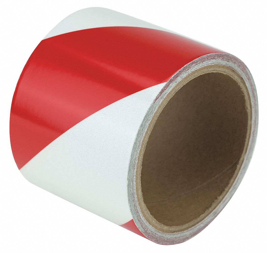 Floor Marking Tape: Reflective, Striped, Red/White, 3 in x 15 ft, 5.5 mil Tape Thick