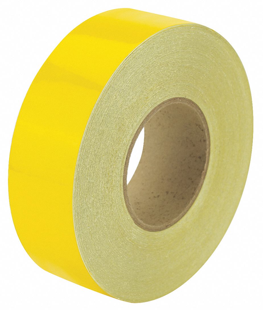 Floor Marking Tape: Reflective, Solid, Yellow, 2 in x 150 ft, 5.5 mil Tape Thick, Approved Vendor