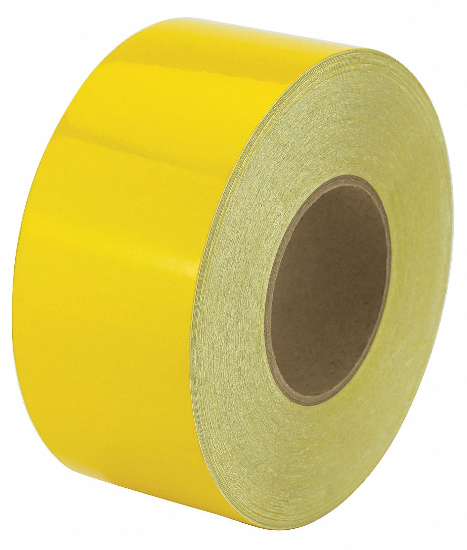Floor Marking Tape: Reflective, Solid, Yellow, 3 in x 150 ft, 5.5 mil Tape Thick, Approved Vendor
