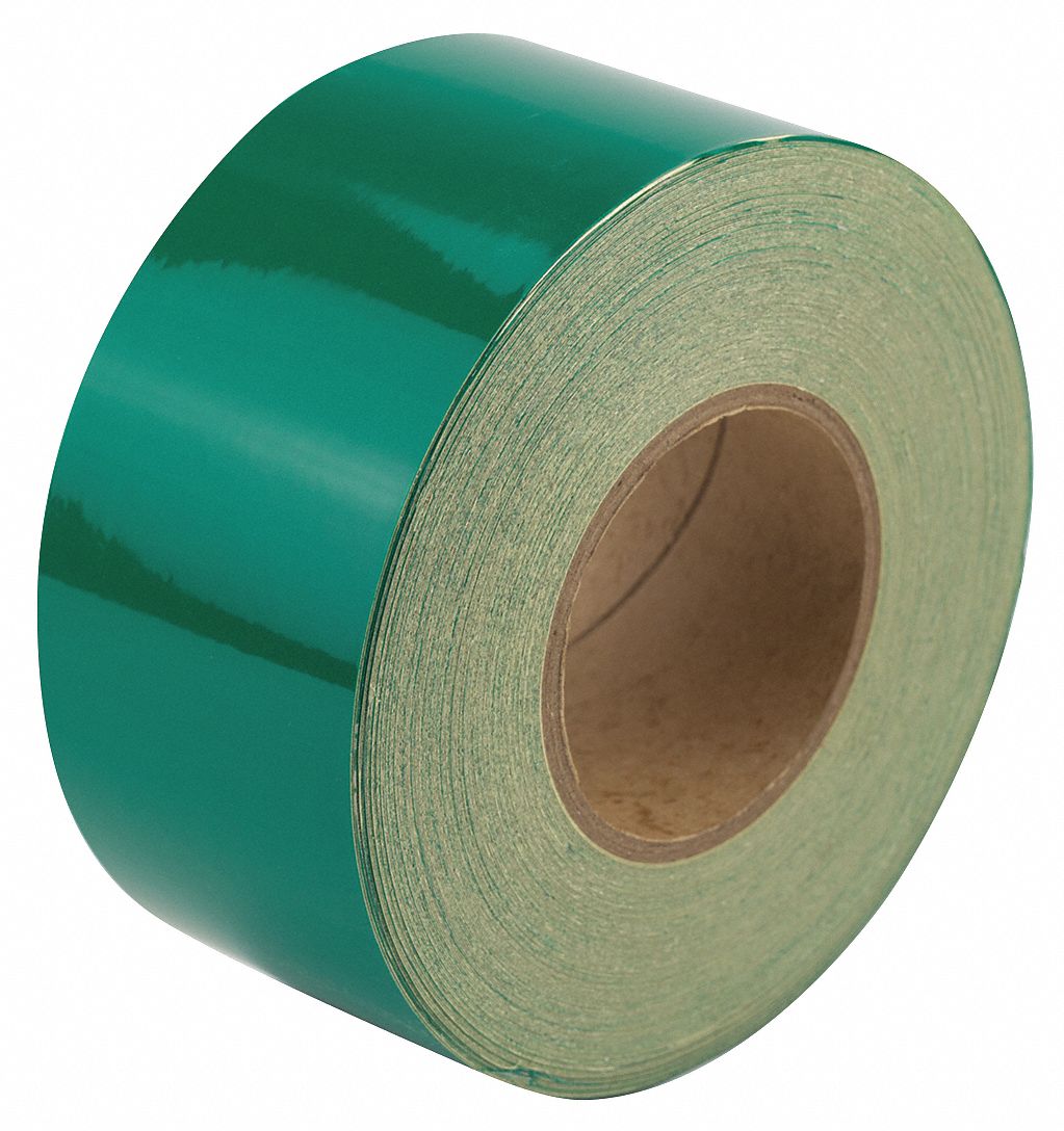 Floor Marking Tape: Reflective, Solid, Green, 3 in x 150 ft, 5.5 mil Tape Thick, Approved Vendor