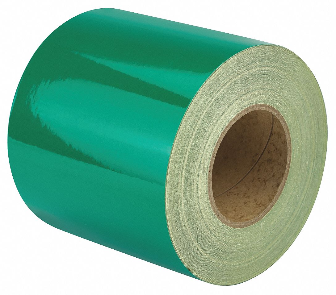 Floor Marking Tape: Reflective, Solid, Green, 6 in x 150 ft, 5.5 mil Tape Thick, Approved Vendor