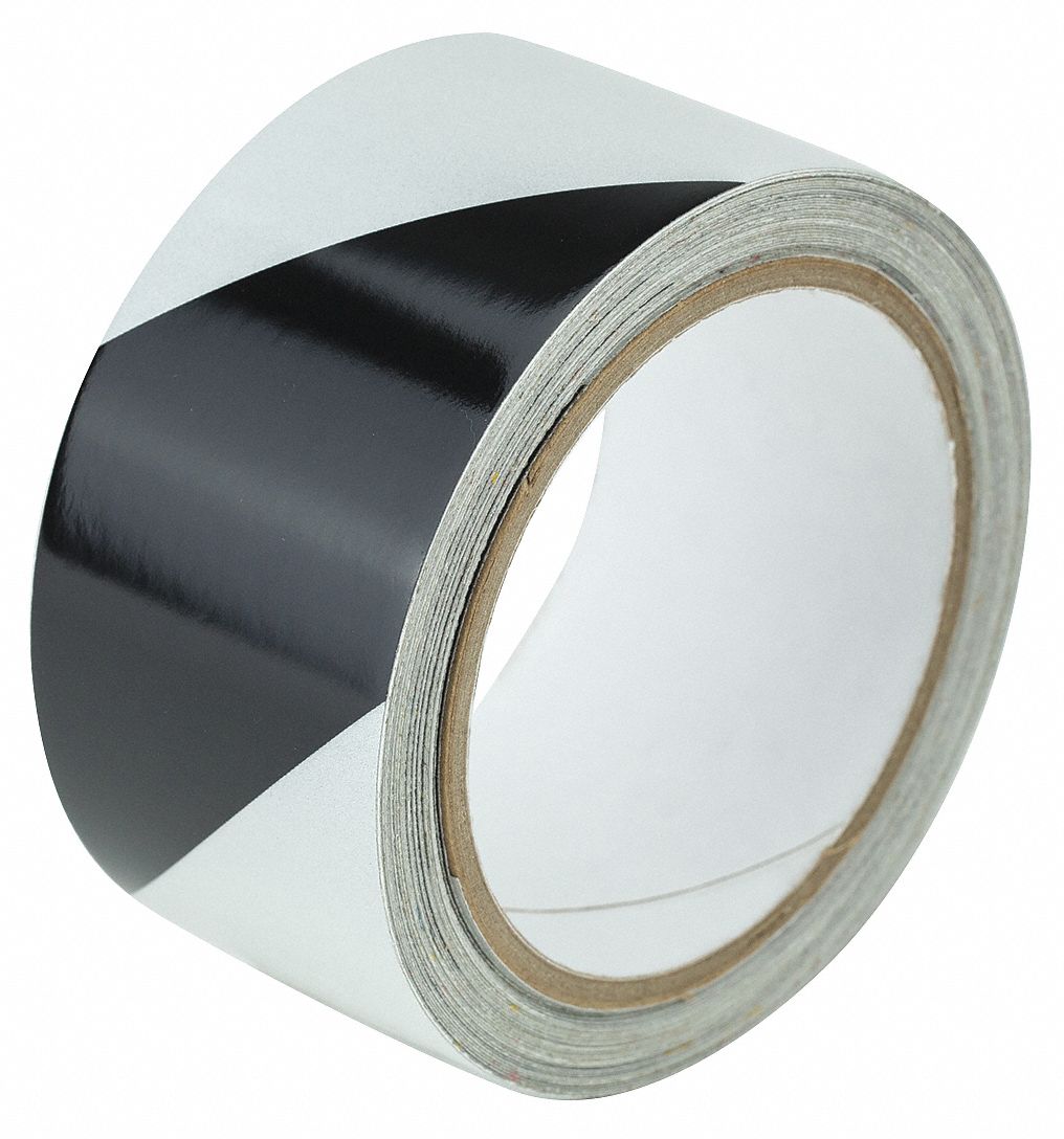 Floor Marking Tape: Reflective, Striped, Black/White, 2 in x 30 ft, 5.5 mil Tape Thick