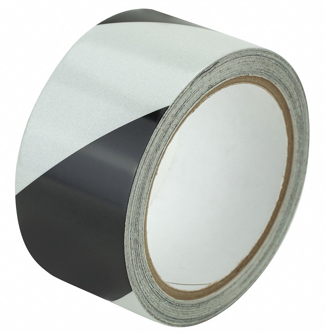 Floor Marking Tape: Reflective, Solid, Black/White, 2 in x 30 ft, 5.5 mil Tape Thick