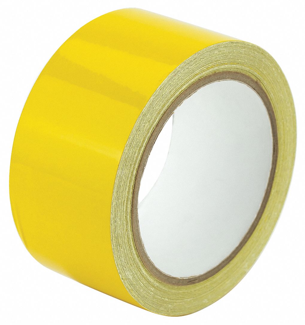 Floor Marking Tape: Reflective, Solid, Yellow, 2 in x 30 ft, 5.5 mil Tape Thick, Approved Vendor