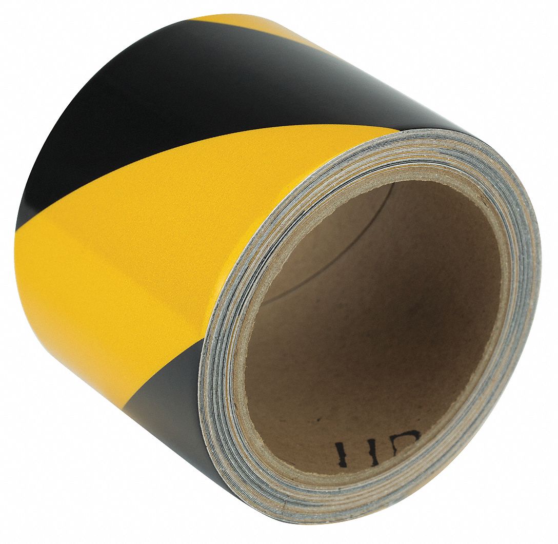 Floor Marking Tape: Reflective, Striped, Black/Yellow, 3 in x 30 ft, 5.5 mil Tape Thick
