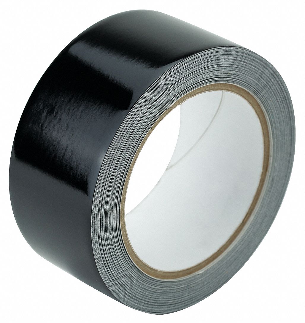 Floor Marking Tape: Reflective, Solid, Black, 2 in x 50 ft, 5.5 mil Tape Thick, Approved Vendor