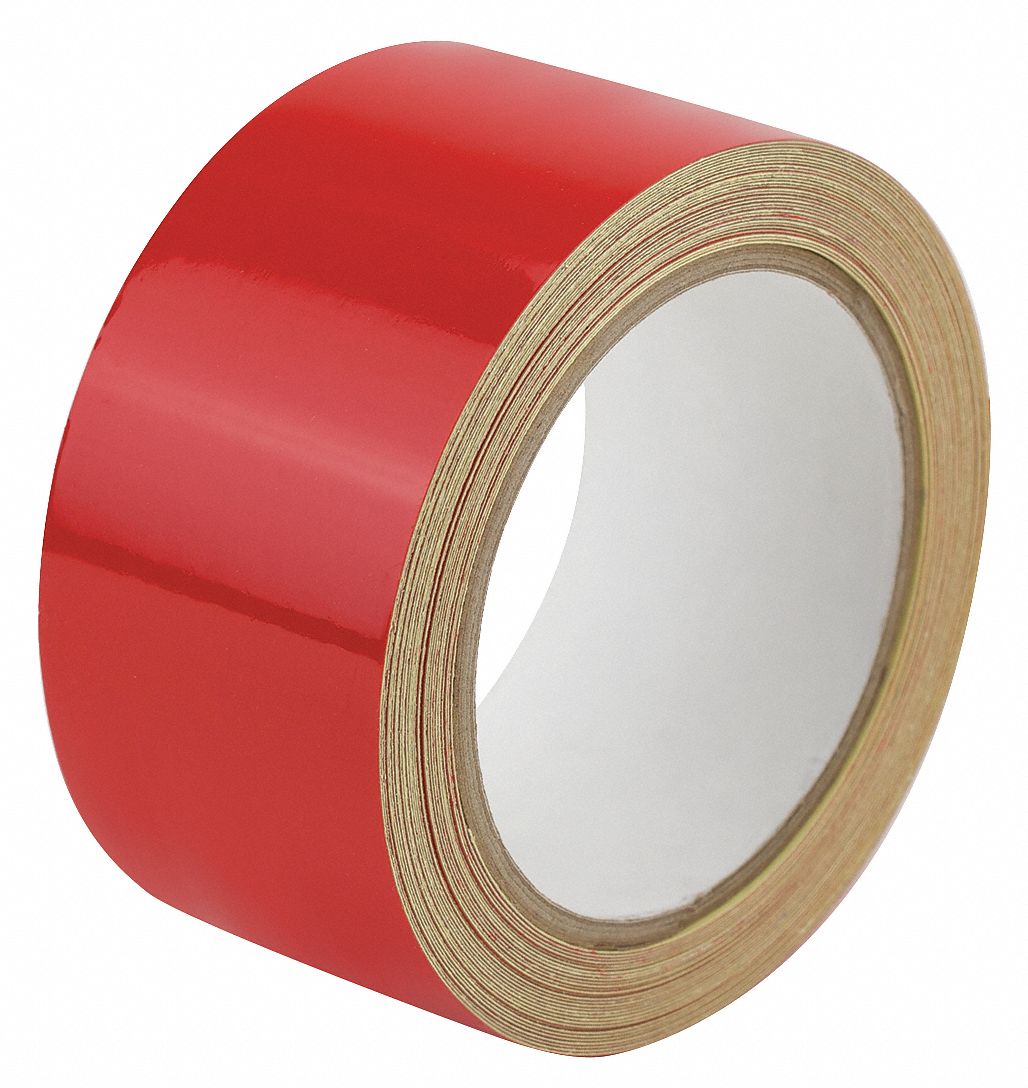 Floor Marking Tape: Reflective, Solid, Red, 2 in x 50 ft, 5.5 mil Tape Thick, Approved Vendor