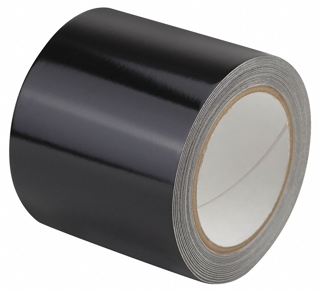 Floor Marking Tape: Reflective, Solid, Black, 4 in x 50 ft, 5.5 mil Tape Thick, Approved Vendor