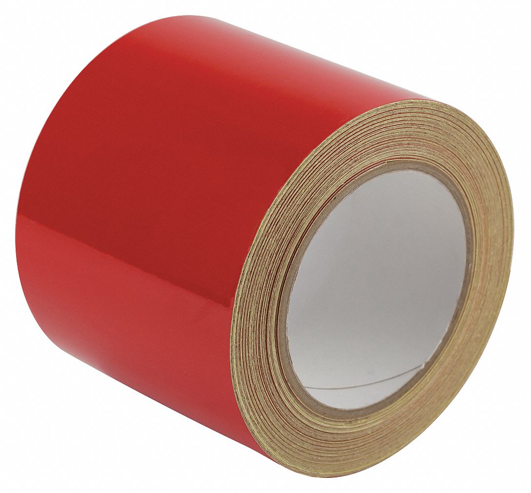 Floor Marking Tape: Reflective, Solid, Red, 4 in x 50 ft, 5.5 mil Tape Thick, Approved Vendor