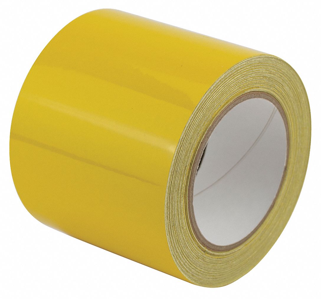 Floor Marking Tape: Reflective, Solid, Yellow, 4 in x 50 ft, 5.5 mil Tape Thick, Approved Vendor