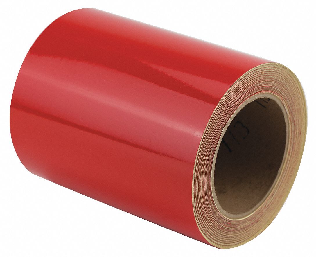 Floor Marking Tape: Reflective, Solid, Red, 6 in x 50 ft, 5.5 mil Tape Thick, Approved Vendor