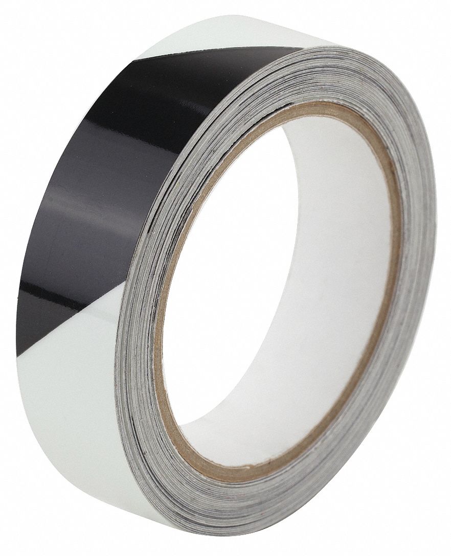 Floor Marking Tape: Glow-in-the-Dark, Striped, Black/White, 1 in x 30 ft, 11 mil Tape Thick