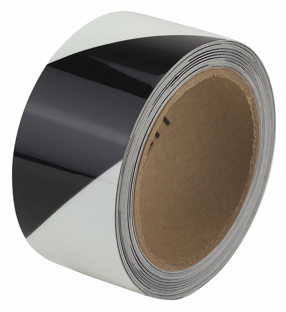 Floor Marking Tape: Glow-in-the-Dark, Striped, Black/White, 2 in x 30 ft, 11 mil Tape Thick