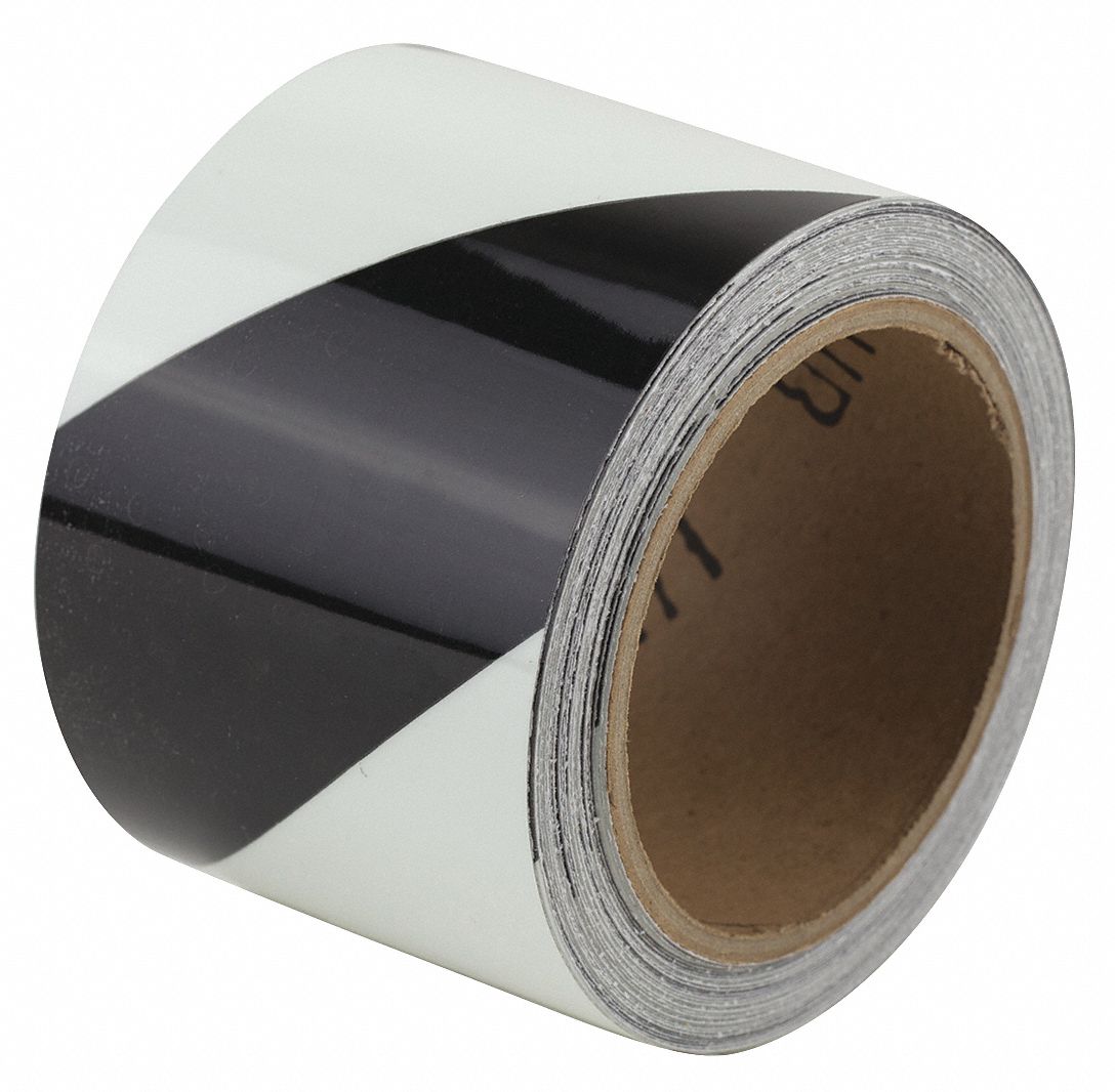 Floor Marking Tape: Glow-in-the-Dark, Striped, Black/White, 3 in x 30 ft, 11 mil Tape Thick