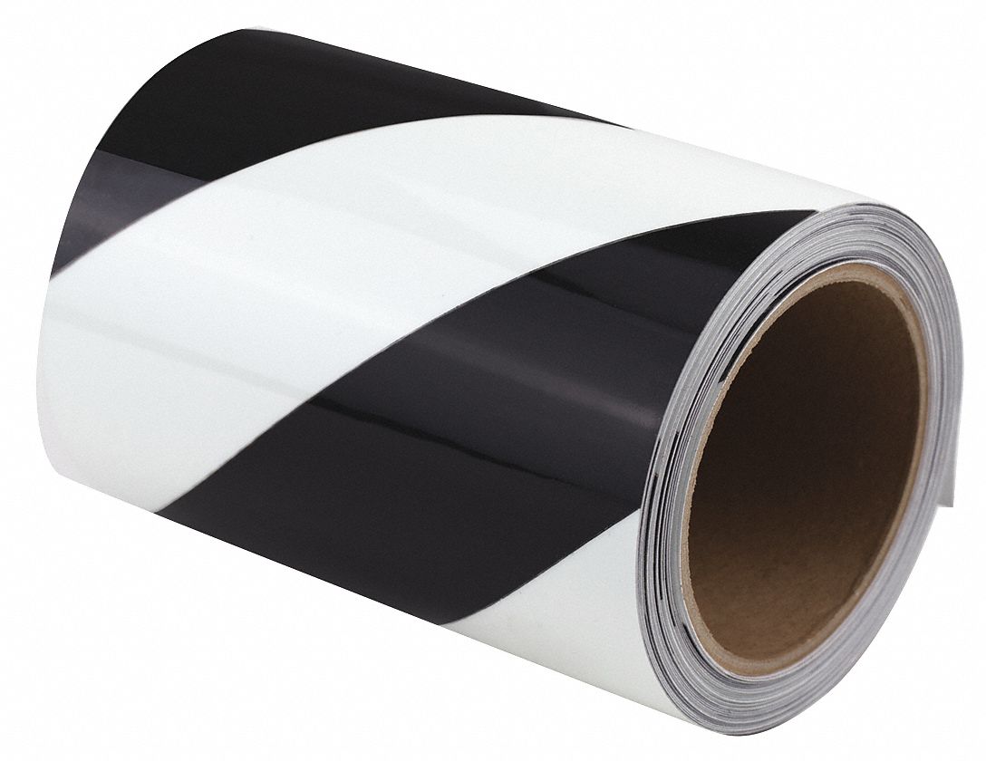 Floor Marking Tape: Glow-in-the-Dark, Striped, Black/White, 6 in x 30 ft, 11 mil Tape Thick