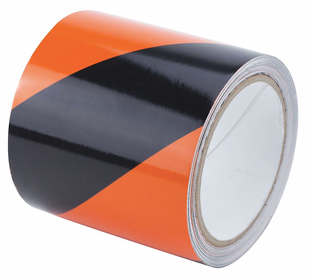 Floor Marking Tape: Reflective, Striped, Black/Orange, 4 in x 30 ft, 5.5 mil Tape Thick