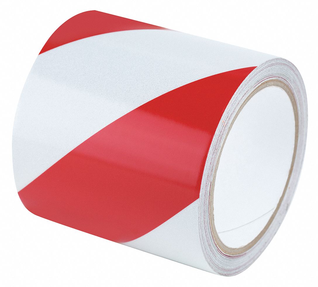 Floor Marking Tape: Gen Purpose, Striped, Red/White, 4 in x 30 ft, 5.5 mil Tape Thick
