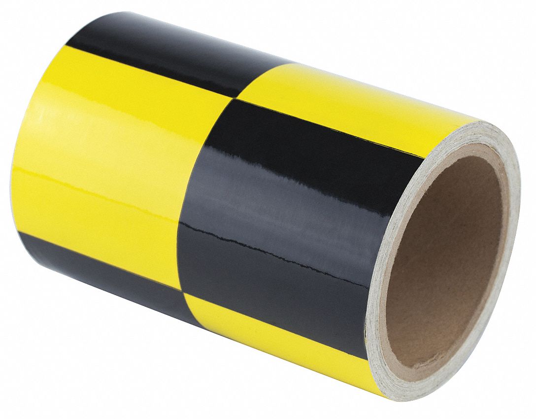 Floor Marking Tape: Gen Purpose, Checkered, Black/Yellow, 6 in x 54 ft, 6 mil Tape Thick