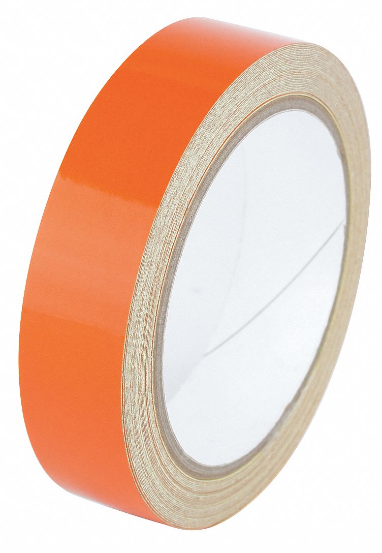 Floor Marking Tape: Reflective, Solid, Orange, 1 in x 30 ft, 5.5 mil Tape Thick, Approved Vendor