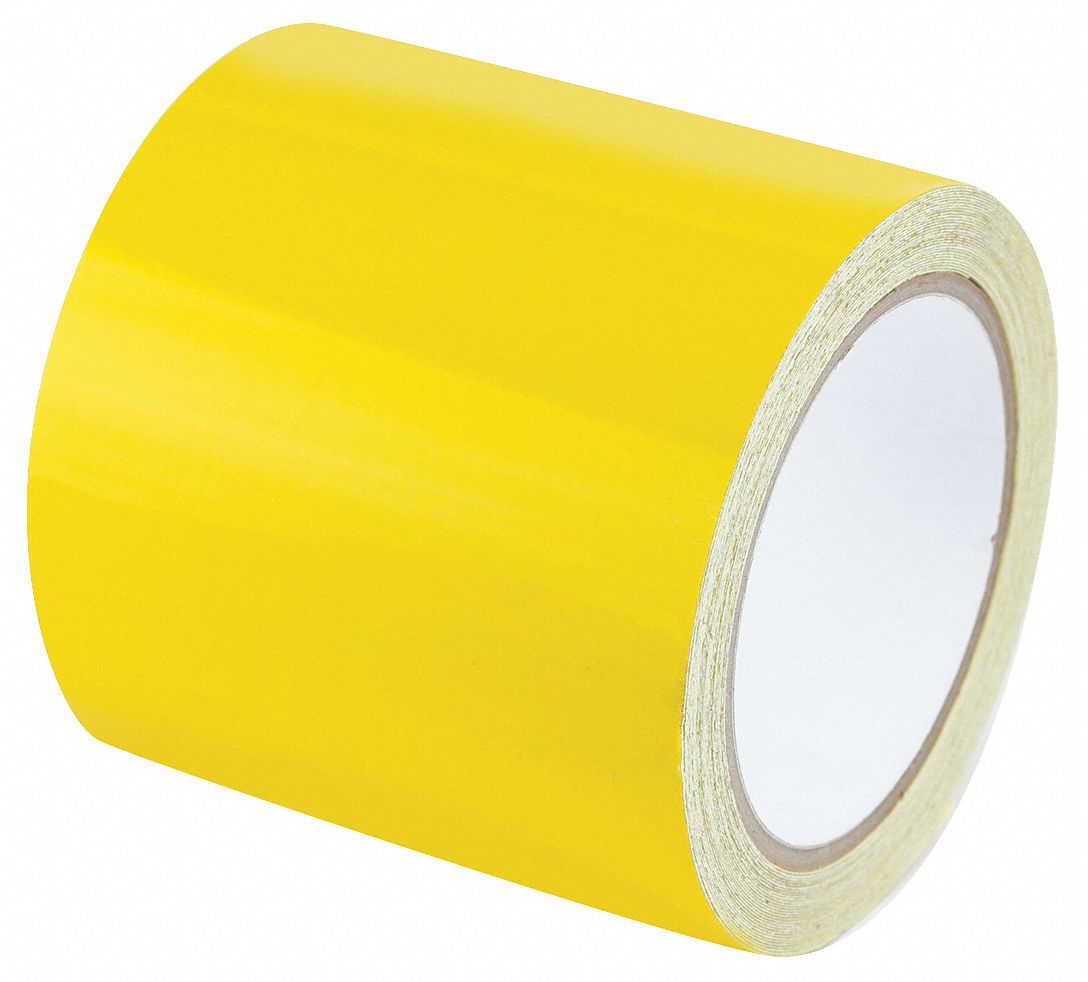 Floor Marking Tape: Reflective, Solid, Yellow, 4 in x 30 ft, 5.5 mil Tape Thick, Approved Vendor