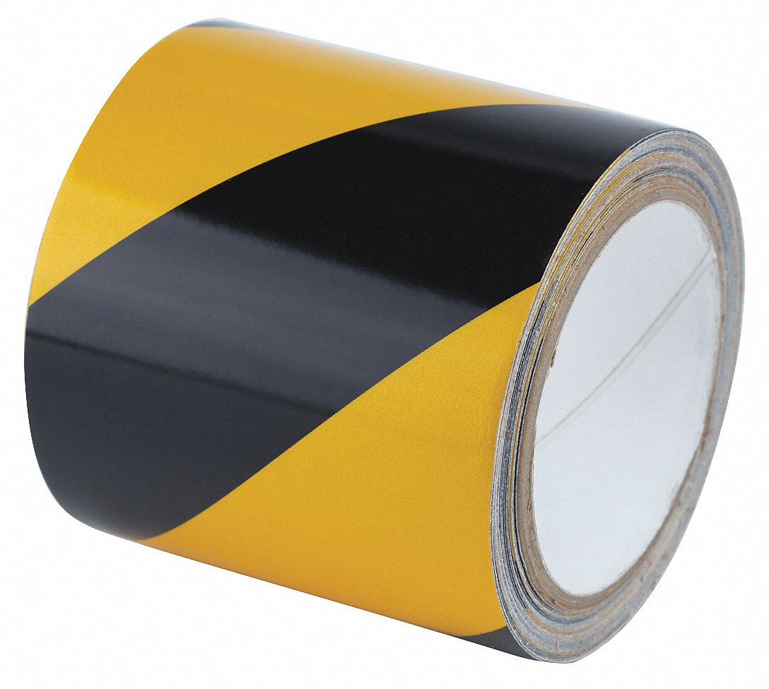 Floor Marking Tape: Reflective, Striped, Black/Yellow, 4 in x 30 ft, 5.5 mil Tape Thick