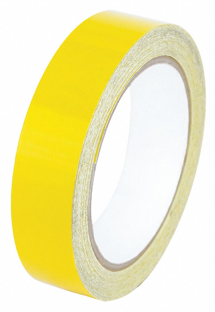 Floor Marking Tape: Reflective, Solid, Yellow, 1 in x 30 ft, 5.5 mil Tape Thick, Approved Vendor